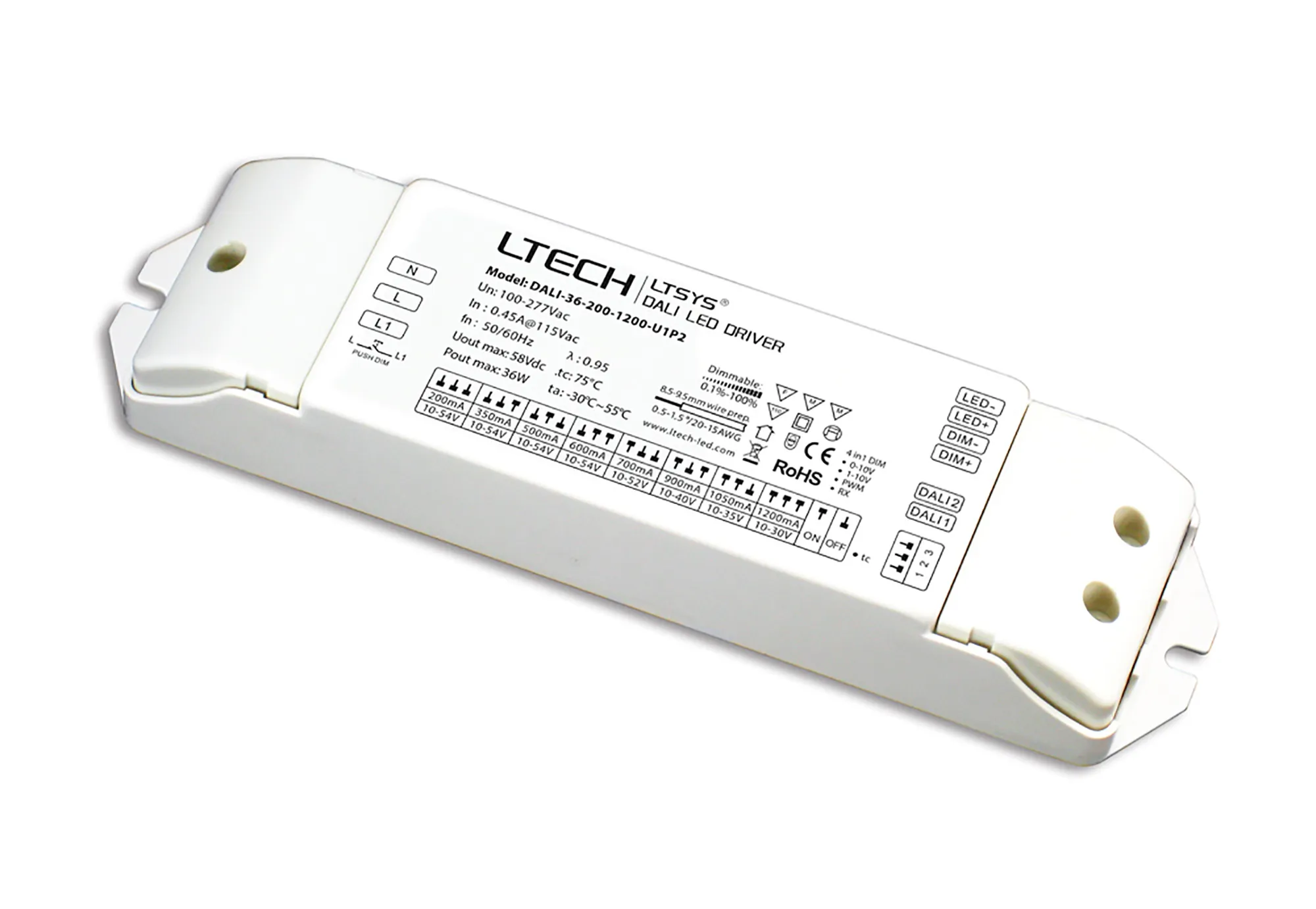 DALI 0/1-10V PWM Push Dim 2-36W Current Dimmable Driver DC:10-54V DALI-36-200-1200-U1P2  LTECH Dali Constant Current